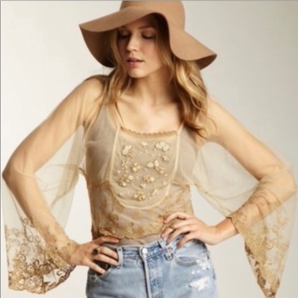 Free People Show Pony Lady Pewter Beaded Mesh Top Sz L - Picture 10 of 16